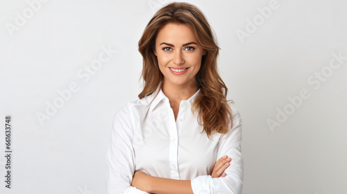Cheerful business woman student in white button up shirt, smiling confident and cheerful with arms folded, isolated on a white background