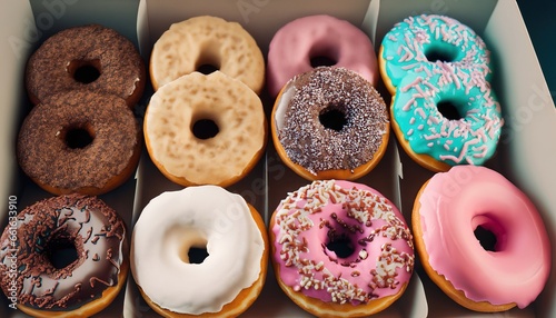 Delicious colorful donuts covered with topping placed in a box. Traditional baking. Generative AI