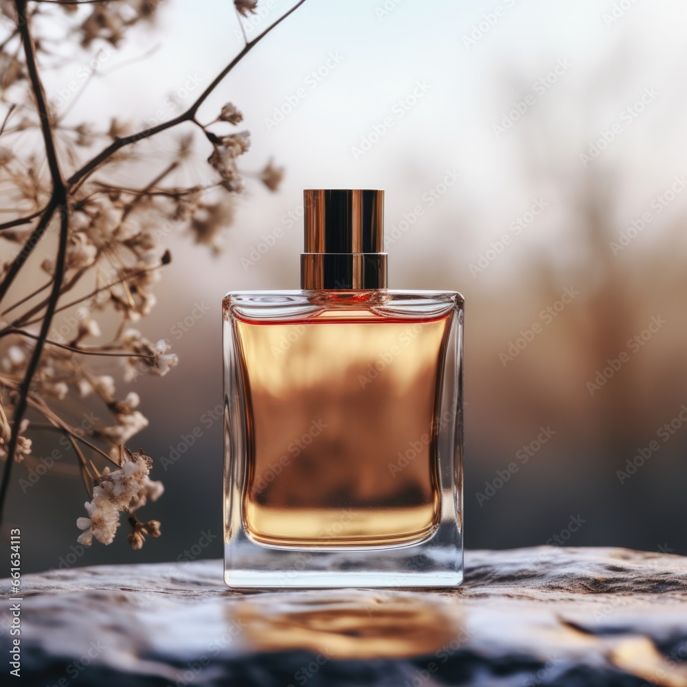 Transparent perfume bottle on a background of stone and wood. Trendy concept of natural materials. Natural cosmetic Transparent perfume bottle on a background of stone and wood. Trendy concept of natural materials. Natural cosmetic