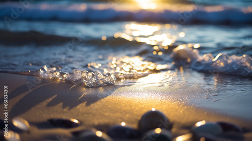 Reflet d'un coucher de soleil sur l'eau. Mer, plage, vague. Ambiance chaleureuse, calme, paradisiaque. Arrière-plan pour conception et création graphique. 