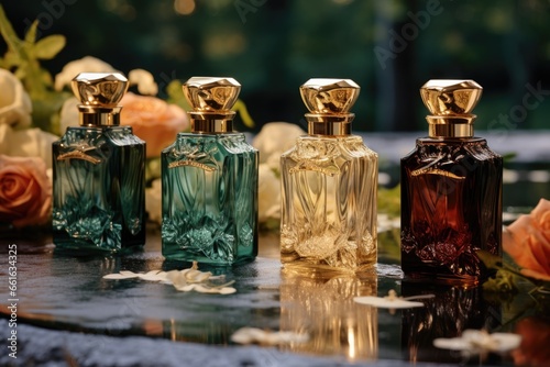 A transparent bottle of expensive women's perfume. Trendy concept of natural materials. Natural cosmetic © koplesya