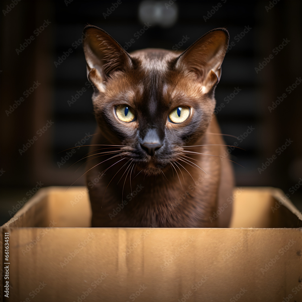 Burmese Cat sitting in cardboard box, Generated AI