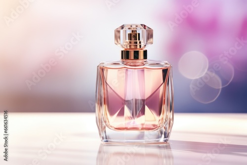 A transparent bottle of expensive women's perfume. Trendy concept of natural materials. Natural cosmetic