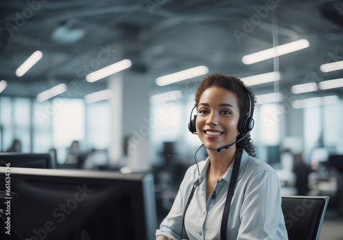 A curly-haired customer service, call center, help desk representative using a headset