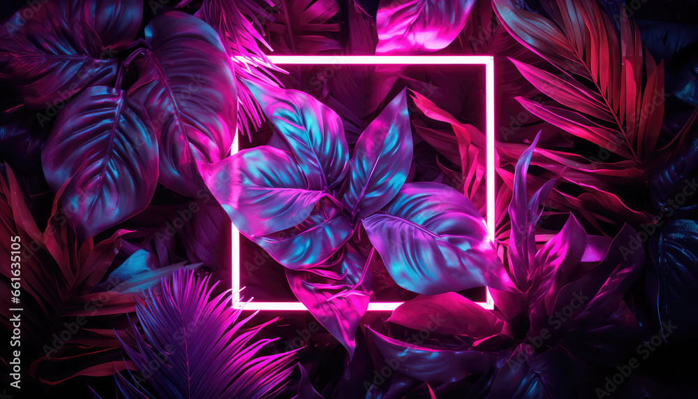 Creative fluorescent color layout made of tropical leaves with neon light square. Generative AI - obrazy, fototapety, plakaty 