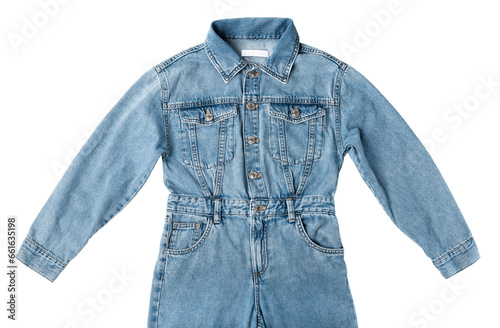 children's fashionable light blue denim overalls, jumpsuit isolated on a white background close-up front view