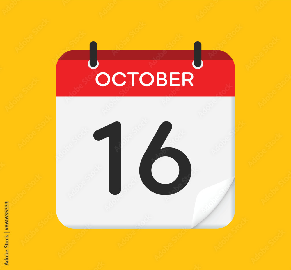 October 16. Calendar icon on yellow background. Flat style. Vector illustration. October 16. Calendar icon on yellow background. Flat style. Vector illustration.