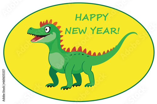 Vector green cartoon dragon. The symbol of 2024 new year.  A raptor baby dinosaur isolated on a yellow background. Children s drawing for fabric  clothing  paper.