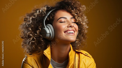 Photo of lady listen music look empty space open mouth wear earphones.