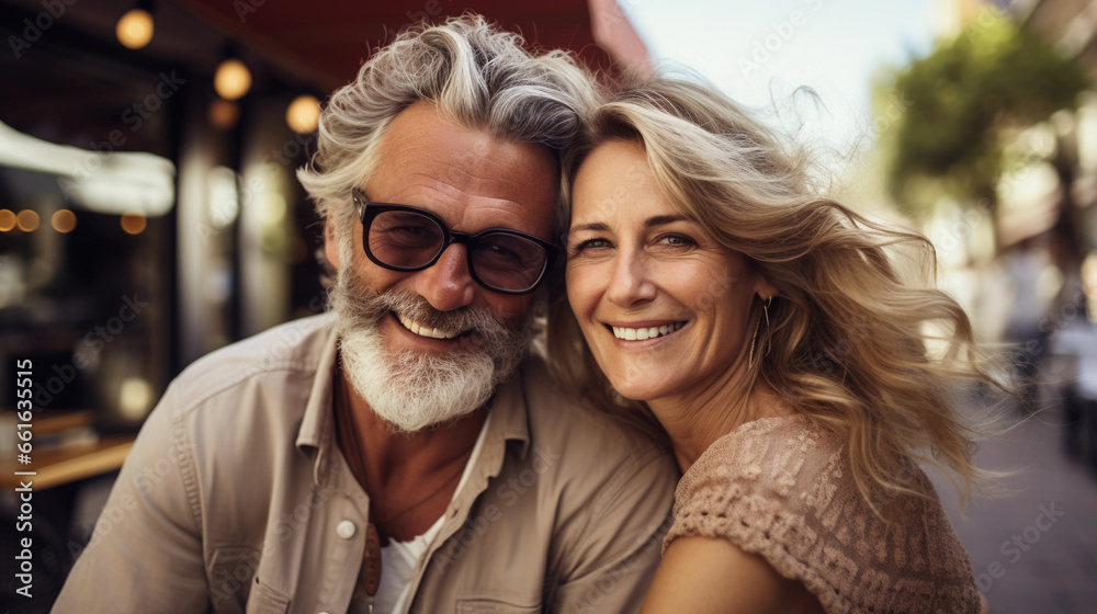 A happy elderly couple, a man and a woman, hugging and smiling. A happy elderly couple, a man and a woman, hugging and smiling.