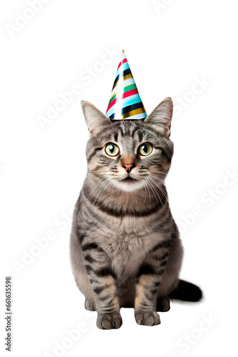 Cute tabby cat with party hat, full body shot over white transparent background