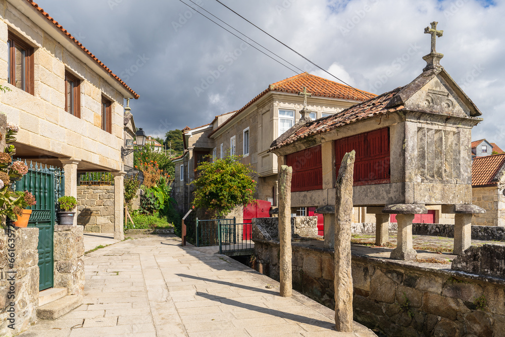 Typical horreos in the beautiful fishing village of Combarro, in Pontevedra, Galicia