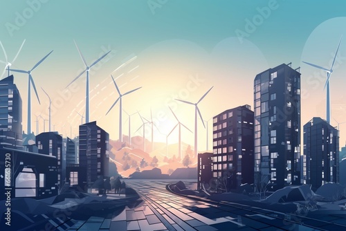 Clean power for sustainable cities  solar panels  wind turbines  and advanced electricity grid. Generative AI