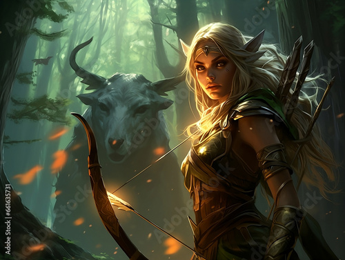 Elf Woman Warrior and Majestic Stag in Dense Forest - Perfect for Fantasy-Themed Projects, Role-Playing Game Artworks, and Book Covers