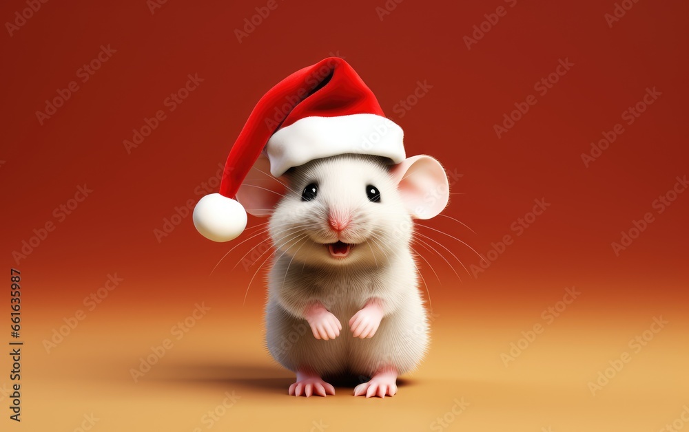 Cute Santa mouse in a Christmas outfit on a clean background. copy space.