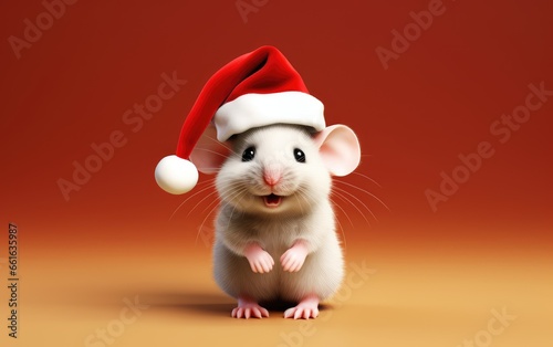 Cute Santa mouse in a Christmas outfit on a clean background. copy space.