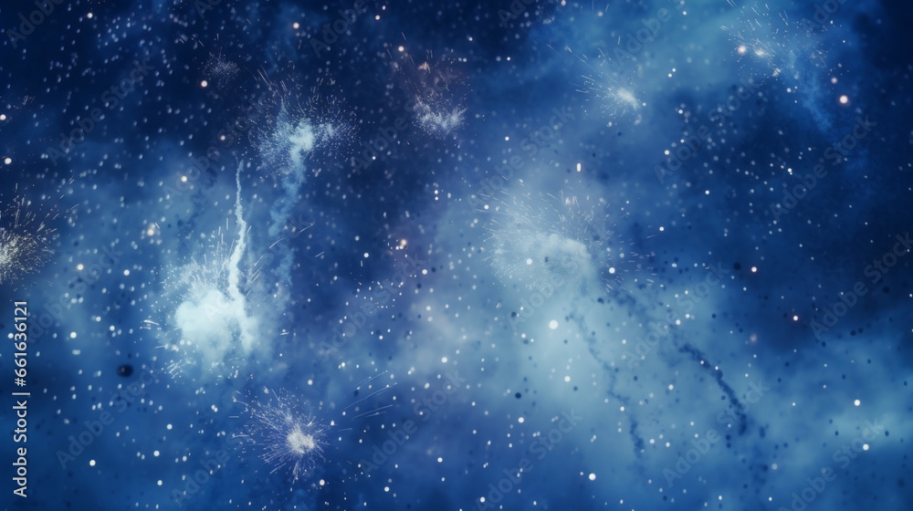 Fototapeta premium Nuage de fumée dans un ciel bleu étoilé. Explosion, particules. Pour conception et création graphique.