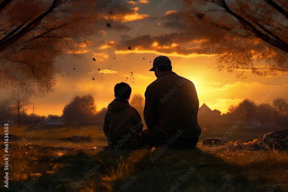 Father and son in the park at sunset | Generative AI
