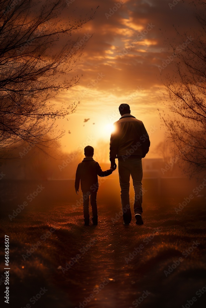 Fototapeta premium Father and son in the park at sunset | Generative AI
