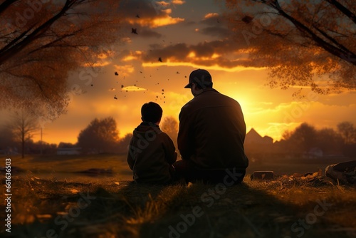 Father and son in the park at sunset | Generative AI