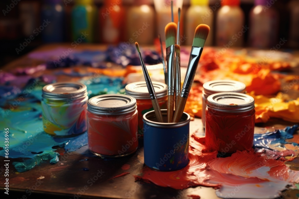 A close-up view of paint and brushes on a table. This versatile image can be used for various artistic and creative projects A close-up view of paint and brushes on a table. This versatile image can be used for various artistic and creative projects