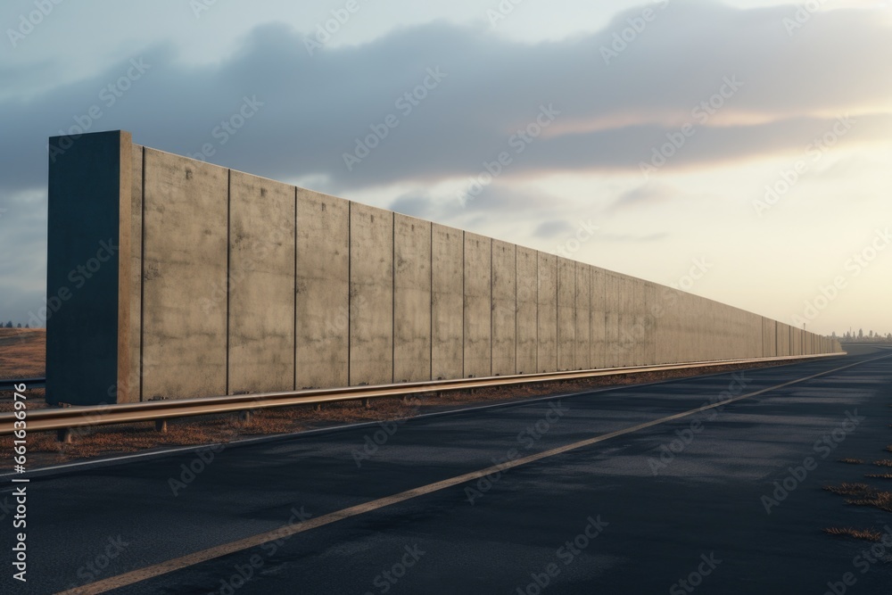 A picture of a large concrete wall running alongside a highway. This image can be used to depict urban infrastructure or as a background for transportation-related designs