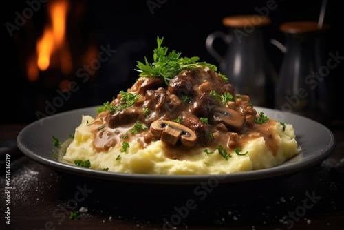 A plate of mashed potatoes topped with savory mushrooms. This versatile dish is perfect for both casual and formal occasions.