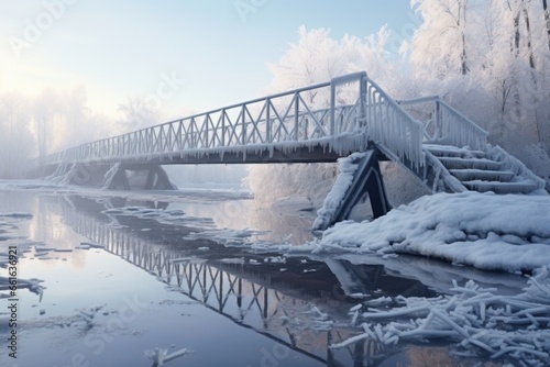 A picture of a bridge over a frozen river. This image can be used to depict a winter landscape or to symbolize strength and resilience in overcoming obstacles.