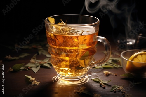 A cup of tea with fresh lemon slices and leaves. This image can be used to depict a refreshing beverage or for concepts related to health, relaxation, or natural ingredients.
