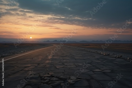 A picture of a paved road in the middle of a desert at sunset. Perfect for travel  adventure  or scenic themed projects.
