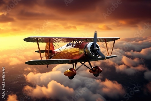 A small plane is seen flying through a cloudy sky. This image can be used to depict aviation, travel, or adventure.