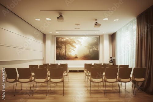 Interior of a seminar room with a presentation screen. Generative AI