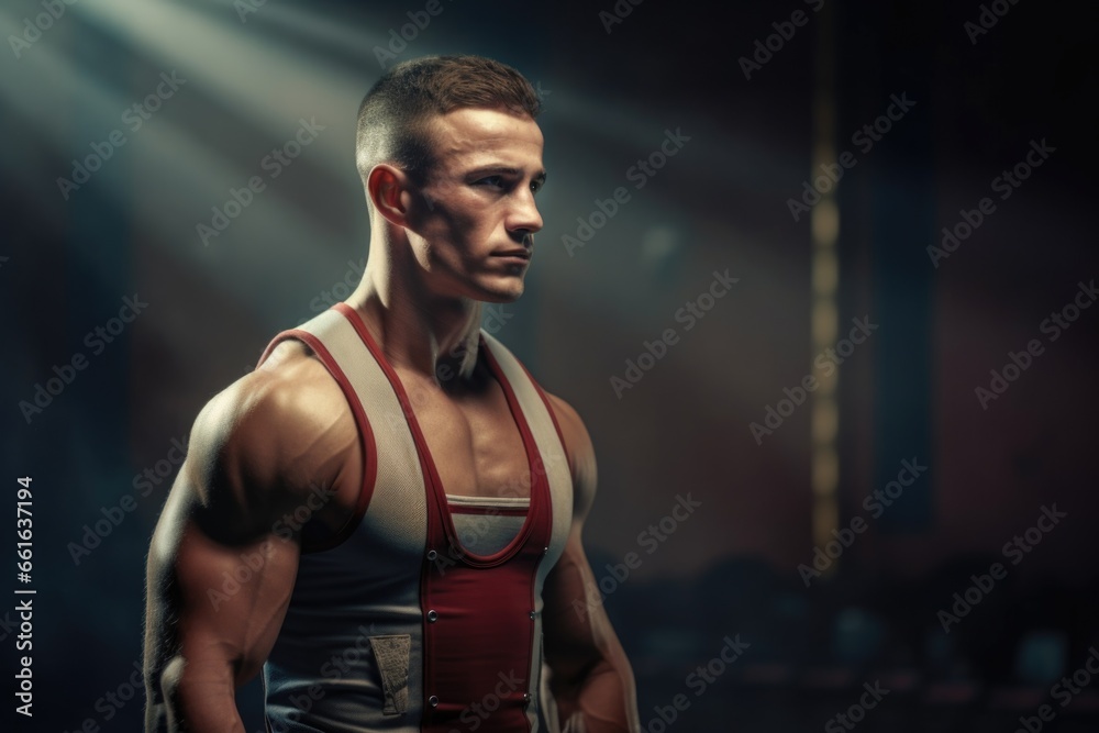 A man wearing a wrestling outfit stands confidently in front of a bright spotlight. This image can be used to depict strength, determination, and the spotlight of attention