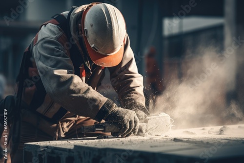 A man wearing a hard hat is cutting a piece of wood. This image can be used to depict construction, carpentry, or DIY projects