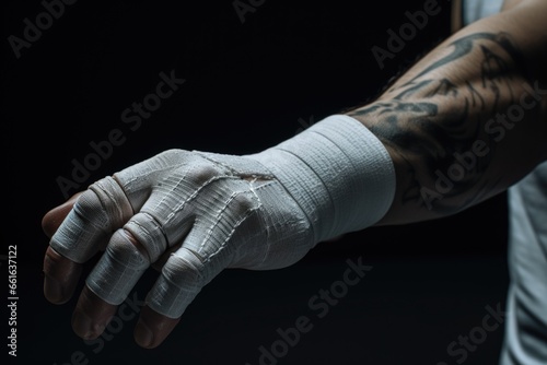A close up view of a person's hands wrapped in bandages. This image can be used to represent injuries, healing, medical treatment, or protection © Fotograf