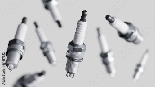 Depth of field render of the spark plugs with a selective focus. Ignition system concept. Ceramic spark for internal combustion engine. Air-fuel mixture ignition in the combustion chamber. photo