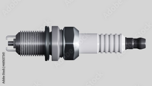 Horizontal view of the rendered spark plug for the engine of the car. Ignition system concept. Ceramic spark for internal combustion engine. Air-fuel mixture ignition in the combustion chamber.