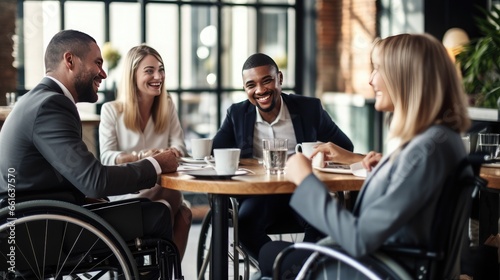 Business meeting in a co-working space by a man in a wheelchair. Integration of people with disabilities.