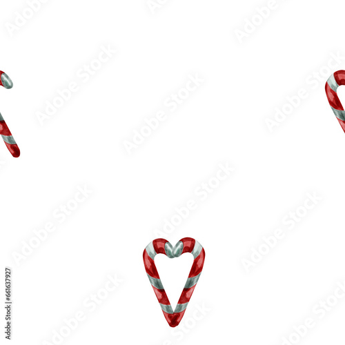 Watercolor pattern of traditional Christmas candies in the shape of a heart on a white background, sweet white and red heart