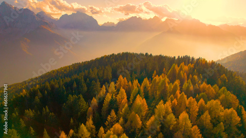 AERIAL: Mesmerizing view of high mountains and golden larch trees at sunset photo