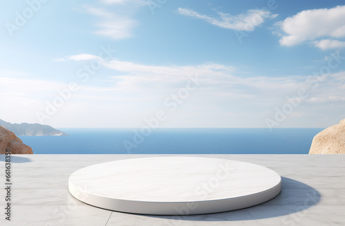 marble podium with summer sea view on background © Paula