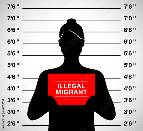 Illegal migrant woman standing on a mugshot photo shooting background, vector illustration.