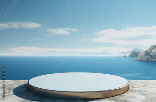 marble podium with summer sea view on background
