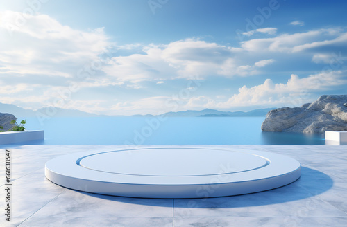 marble podium with summer sea view on background