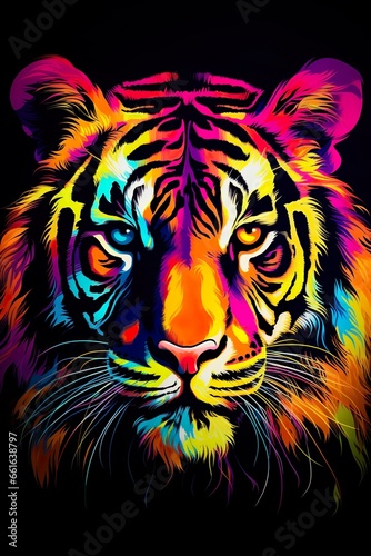 Tiger in abstract, graphic highlighters lines rainbow ultra-bright neon artistic portrait | Generative AI