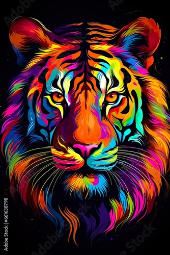 Tiger in abstract, graphic highlighters lines rainbow ultra-bright neon artistic portrait | Generative AI