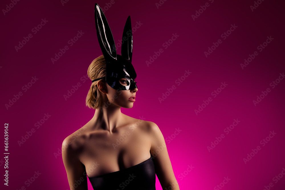 Photo of stunning lady girlfriend look profile side wear leather bunny costume on vivid color background