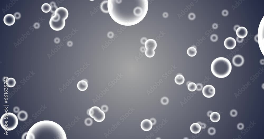 Animated floating white bubbles over grey background. Abstract motion graphics background.