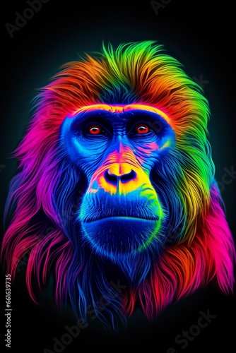 Baboon in abstract, graphic highlighters lines rainbow ultra-bright neon artistic portrait | Generative AI