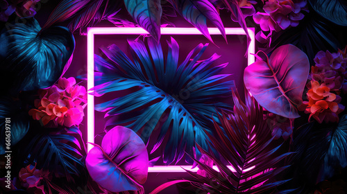Creative fluorescent color layout made of tropical leaves with neon light square. Generative AI